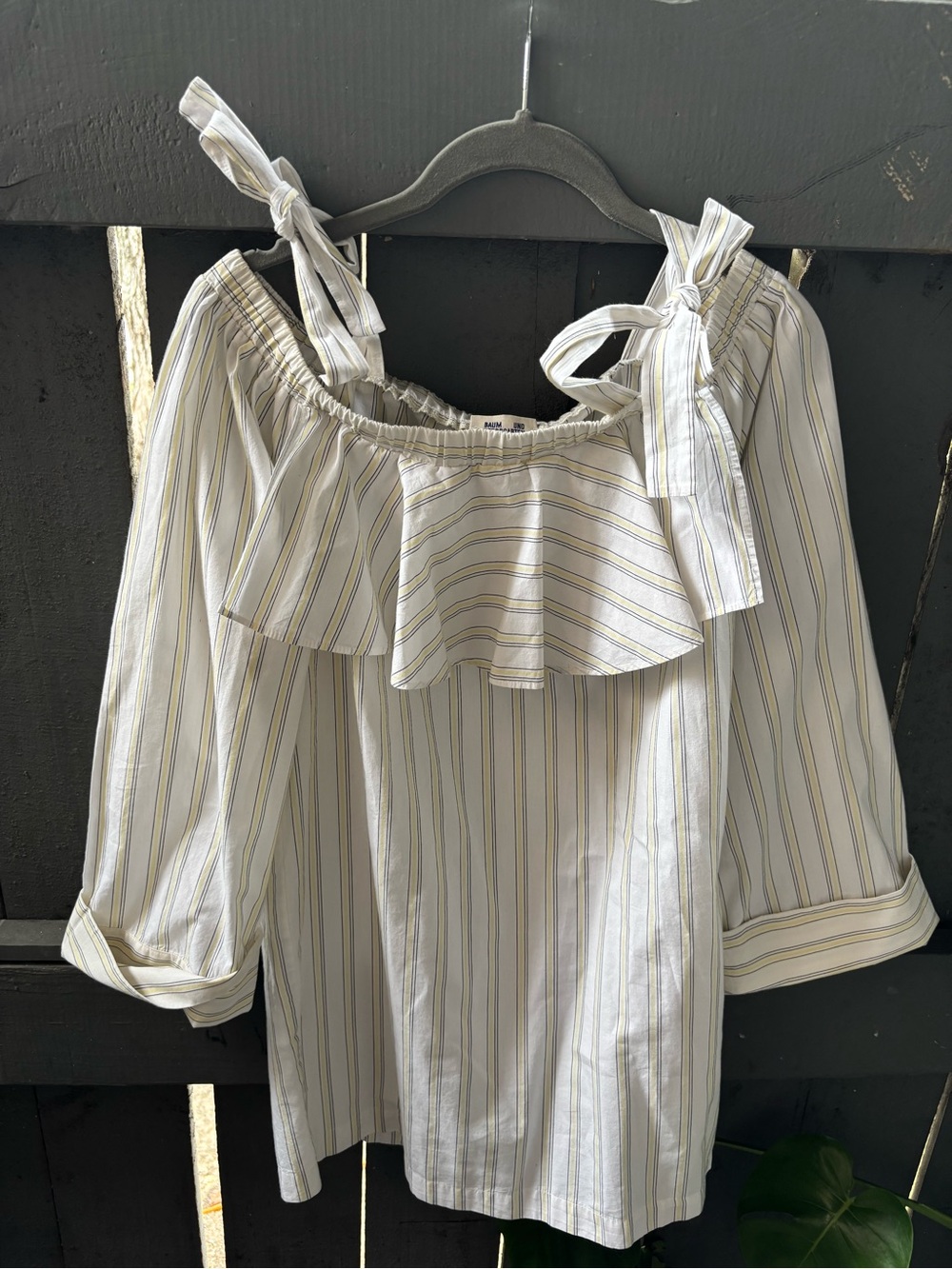 Striped Off-Shoulder Blouse with Tie Straps - White with Yellow & Gray Stripes